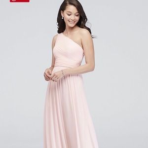 One shoulder pleated, pale pink dress